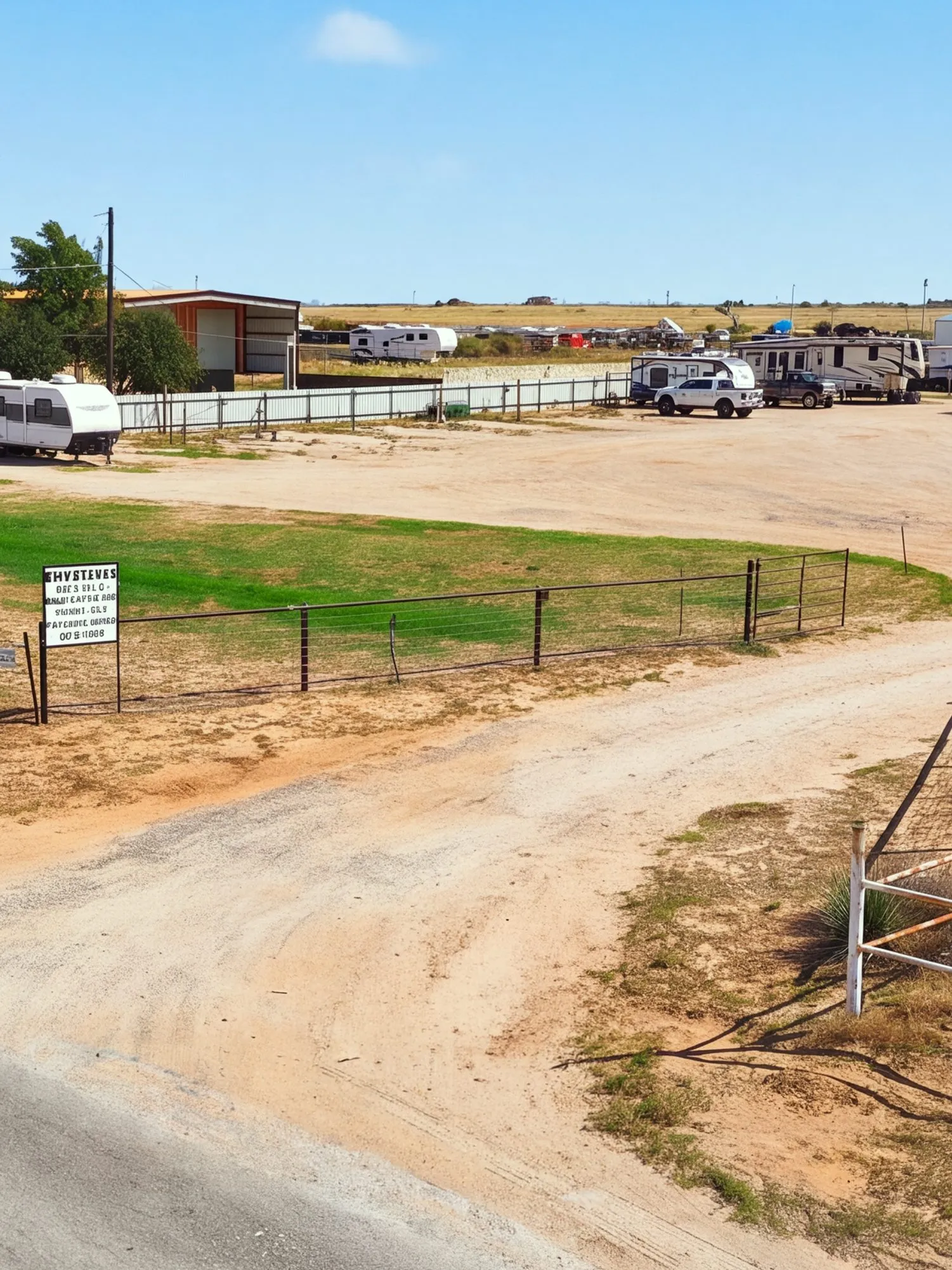 The entrance to A1 RV Park from the county road: a caliche drive past a pipe-rail fence, with RVs and work trucks parked on the grounds beyond