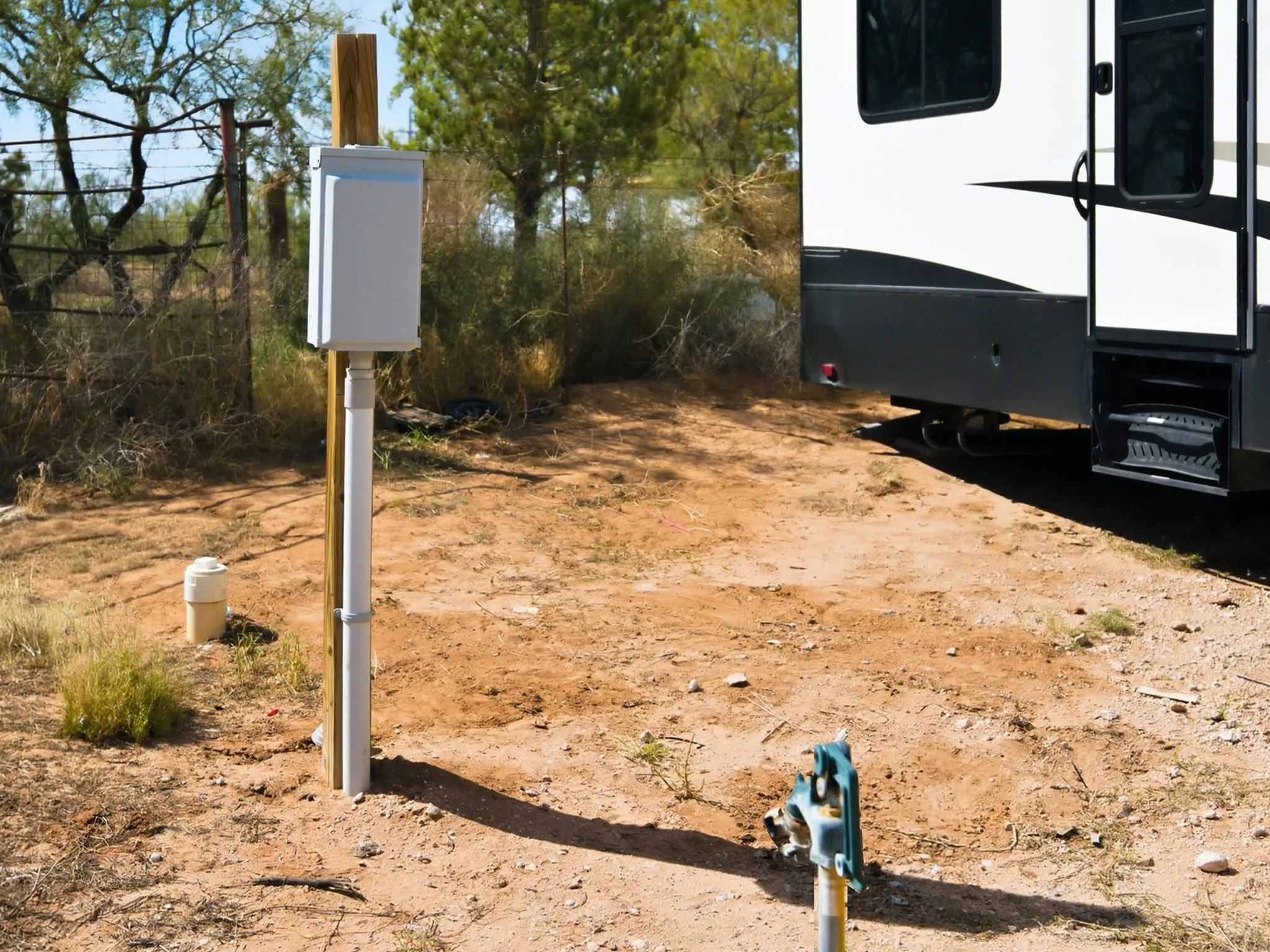 An RV space at A1 RV Park: a power post, a sewer cleanout, and a water hydrant on the pad beside a fifth-wheel trailer