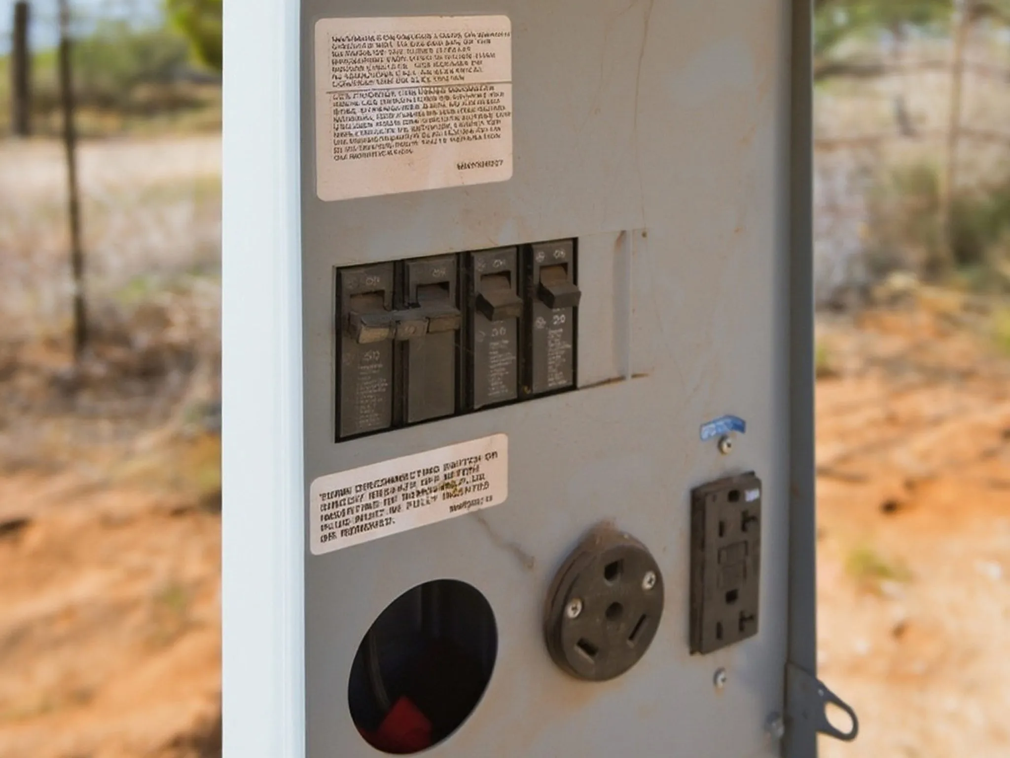 A power pedestal on a wooden post at an A1 RV Park space, with breakers, a 50 amp RV outlet, and a standard outlet