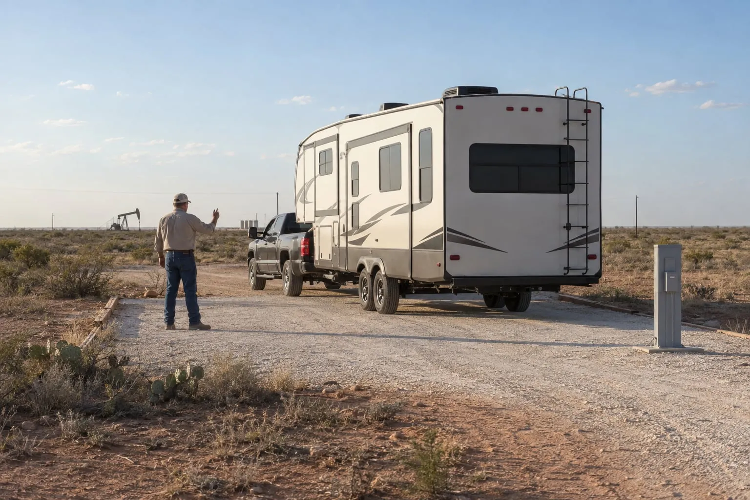 A spotter waves a pickup and fifth-wheel trailer back along a gravel drive toward an RV hookup pedestal