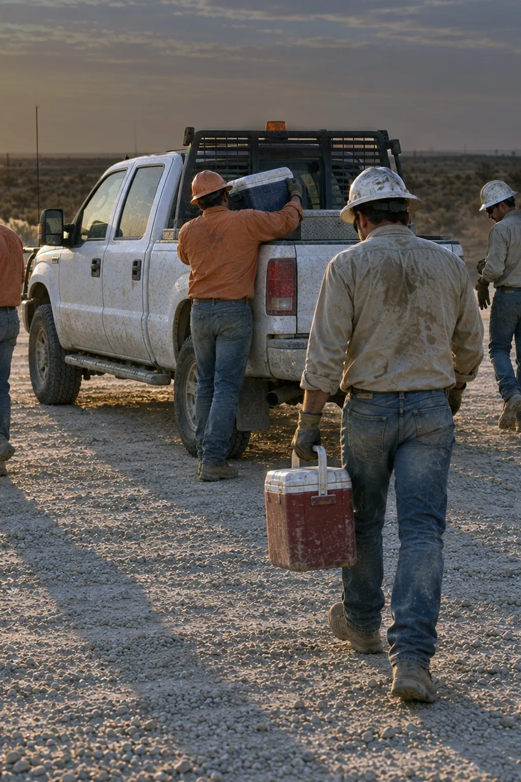 Oilfield crew loading coolers and gear back into a work truck at a West Texas lease in late afternoon light.