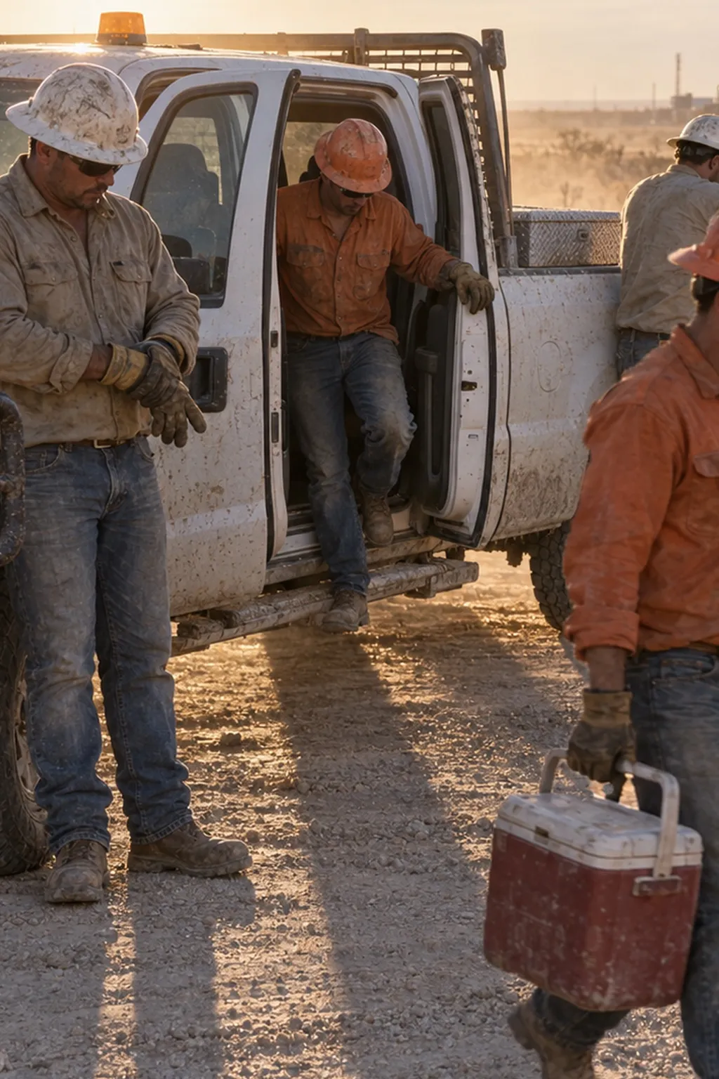 Four-man oilfield crew in flame-resistant clothing climbing out of a crew cab work truck at a West Texas lease at sunrise.