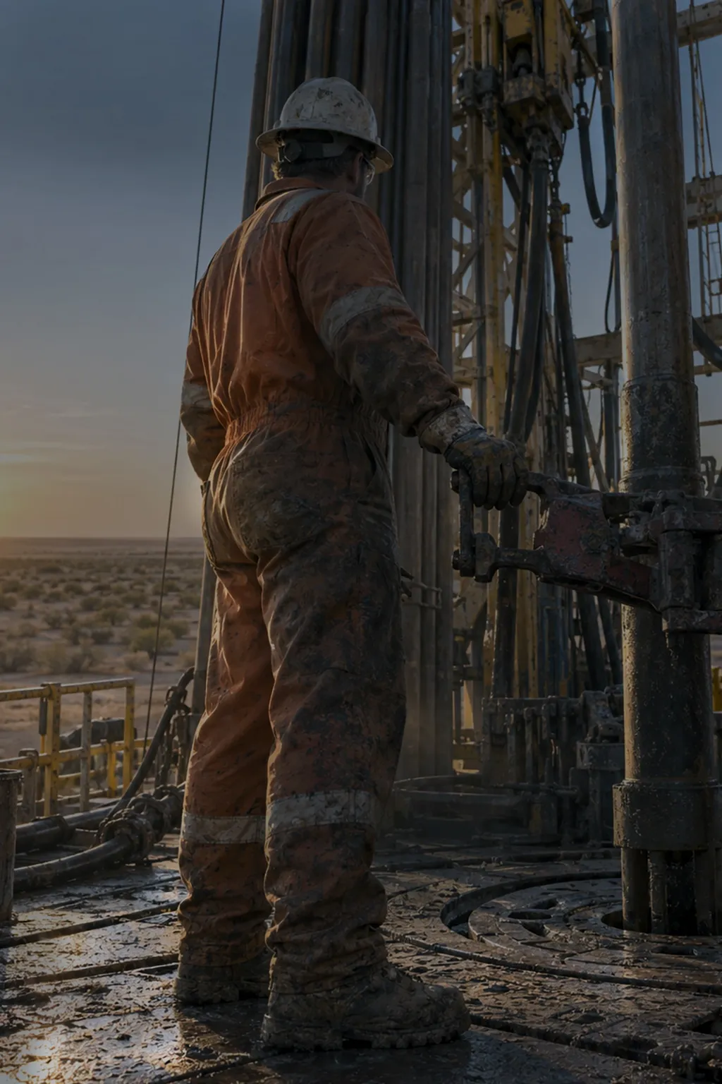Roughneck in flame-resistant coveralls and hard hat standing on a drilling rig floor at sunrise in West Texas.