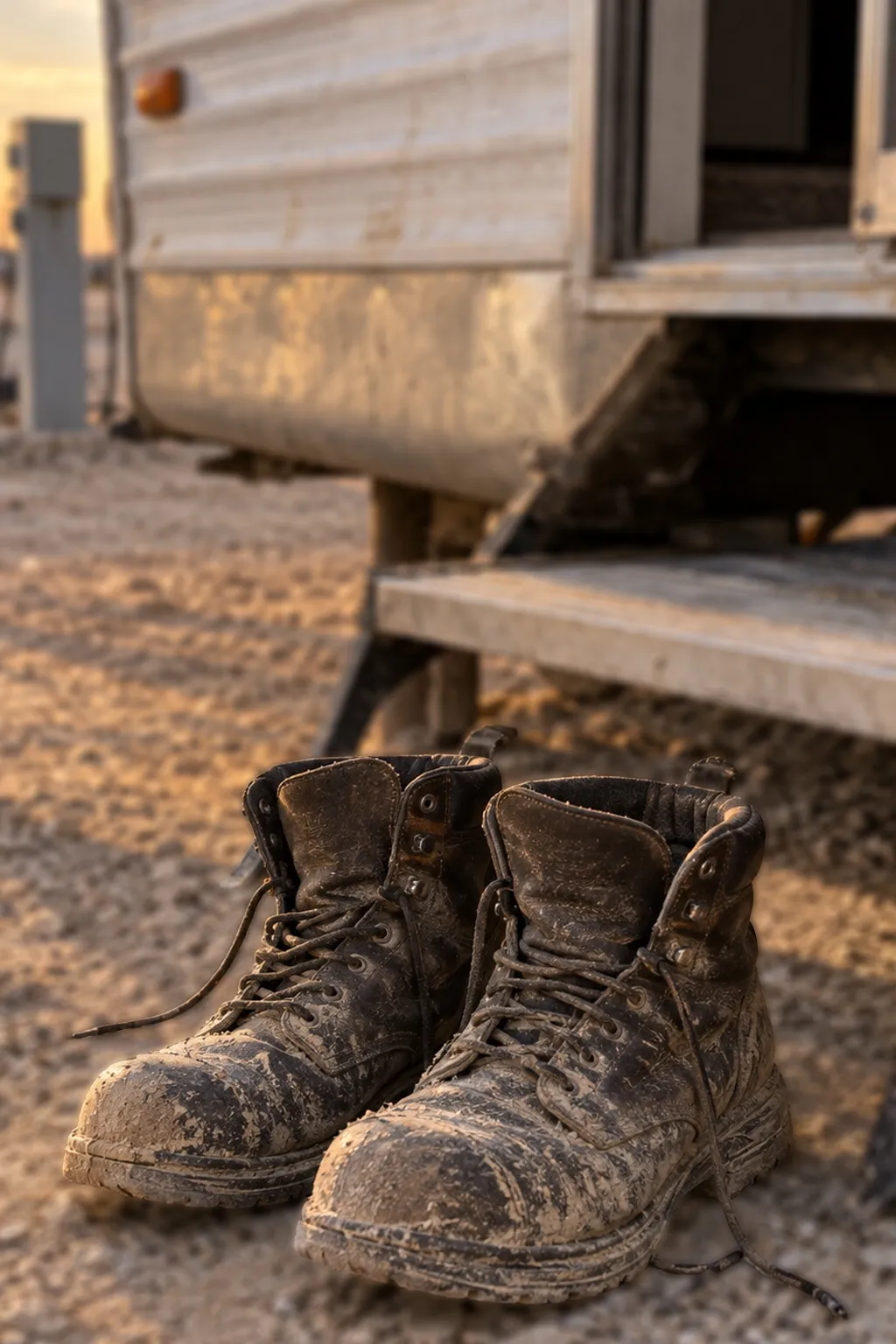 Dusty steel-toe work boots on the gravel beside the entry step of a travel trailer at an RV park at golden hour.