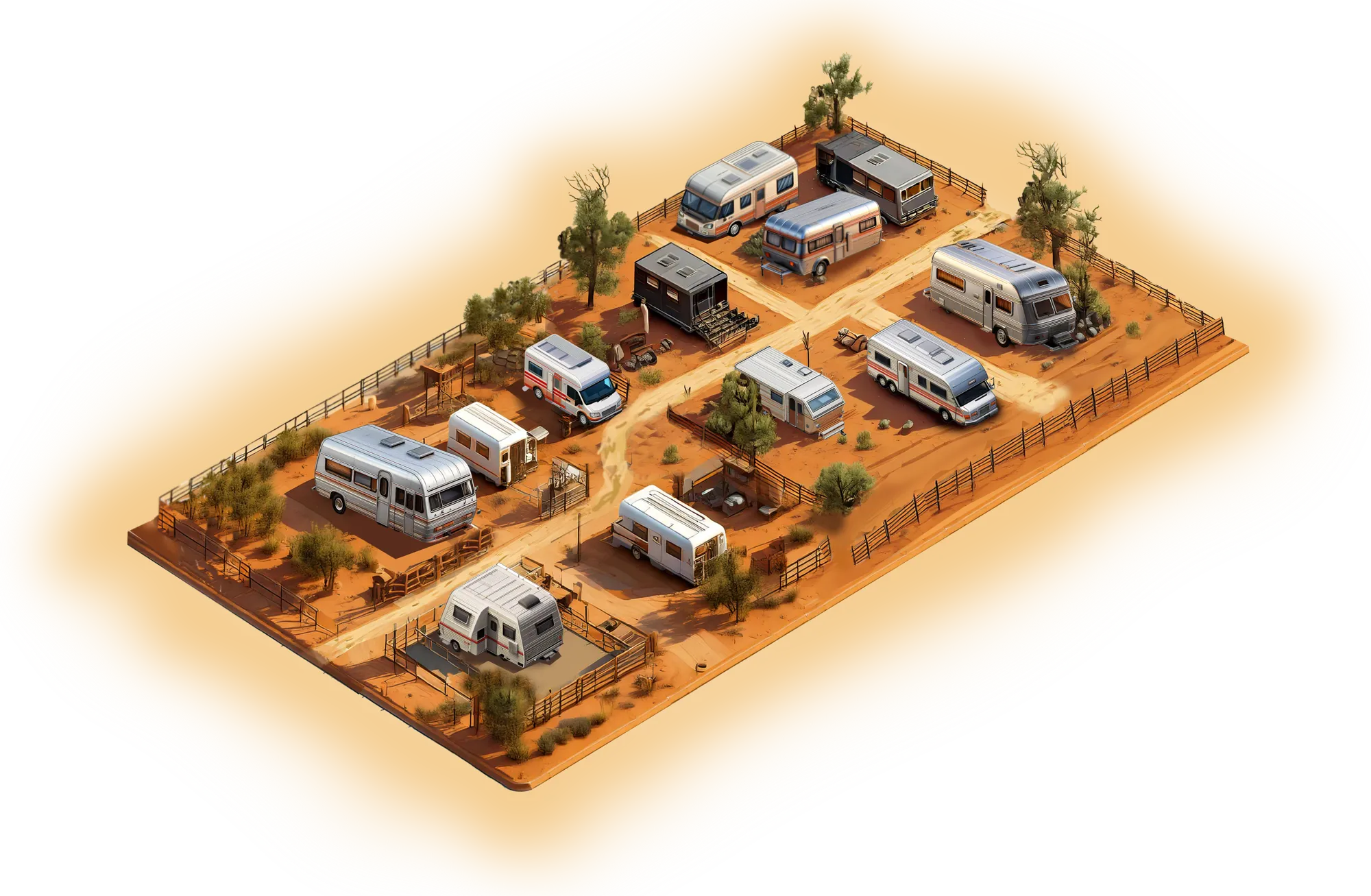 Illustration of an RV park with rows of RVs on red West Texas dirt