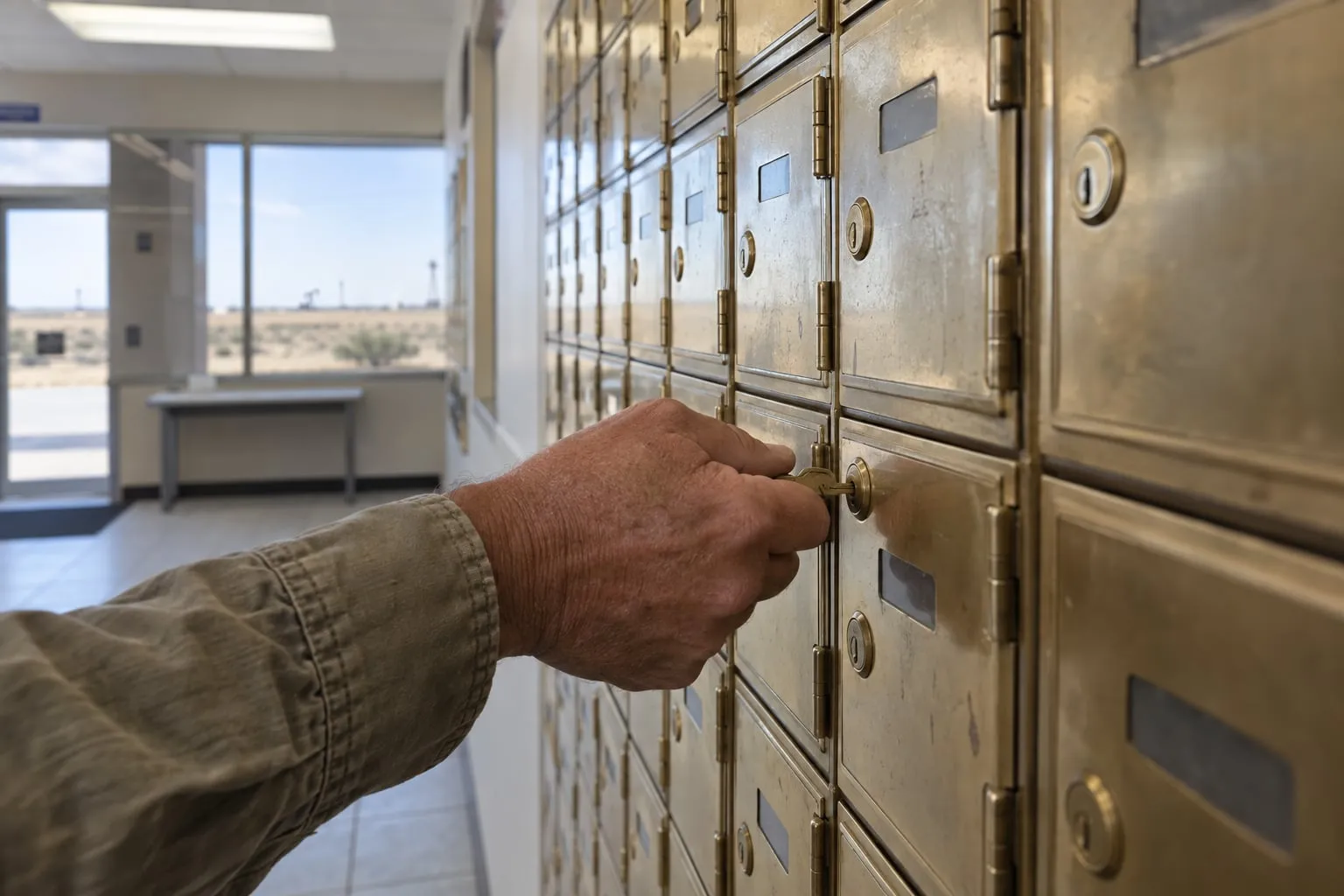 A resident's hand turning a key in a brass post office box