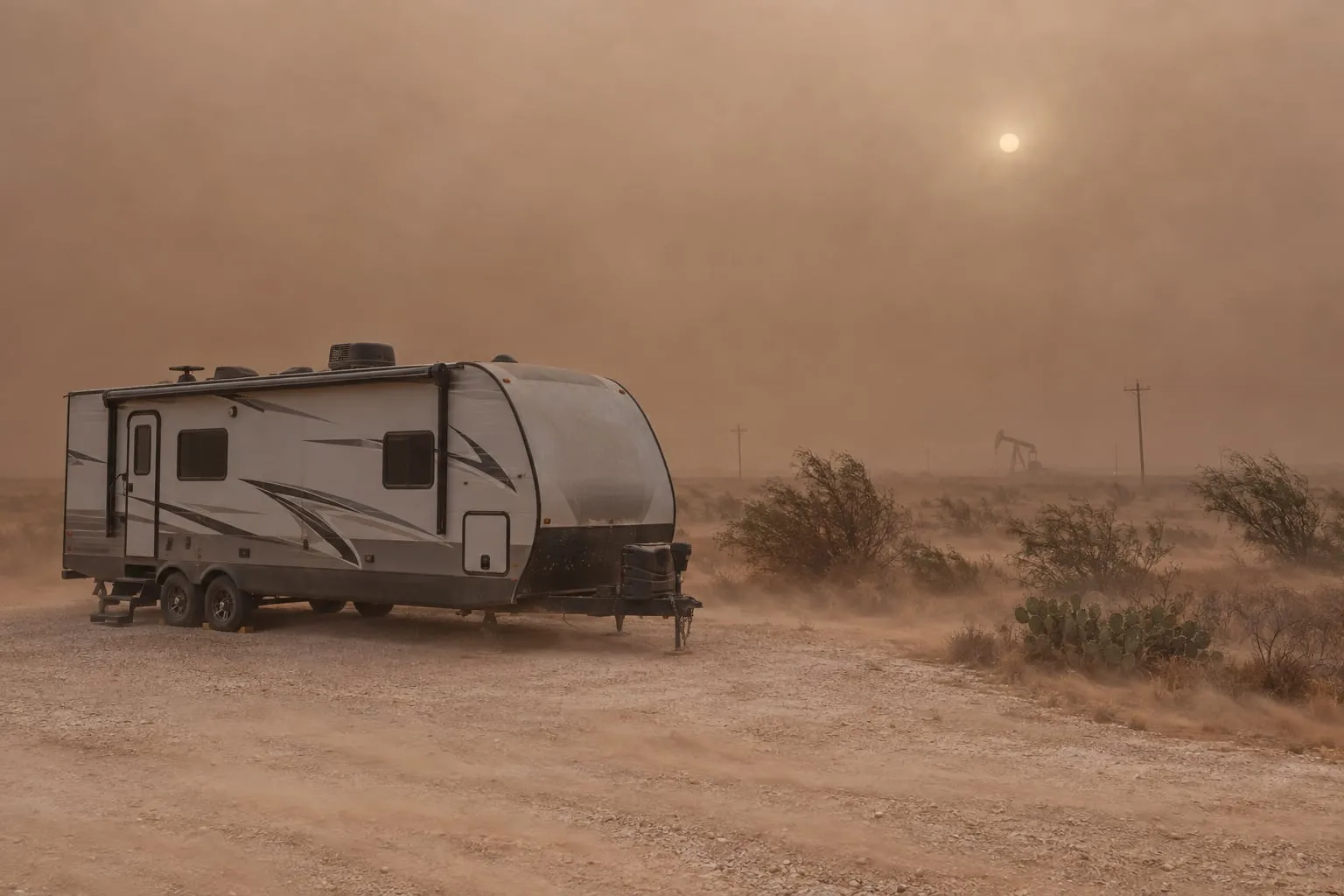 A travel trailer parked on caliche while blowing dust turns the West Texas sky brown, a pumpjack faint in the distance