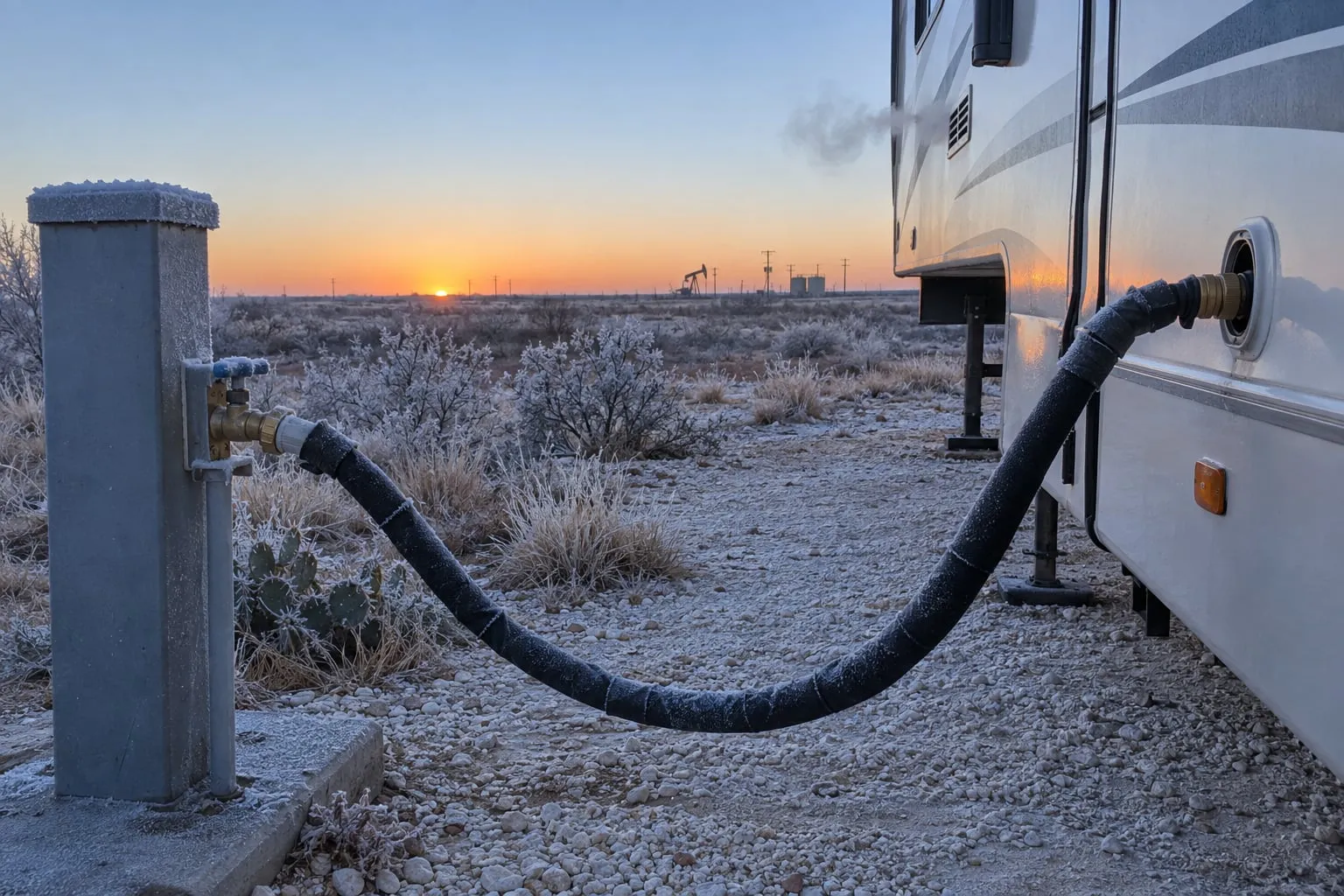 A frosted water spigot and insulated hose running to an RV's water inlet at sunrise on a freezing West Texas morning